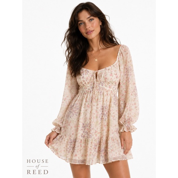 Mi Ami Dresses & Skirts - Mi Ami Floral Clip Dot Mini Dress Cream Pink Long Sleeve Empire Waist Large